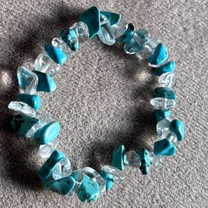 Handmade Striking Natural Turquoise & Clear Crystal Beaded Bracelet, Size 7”